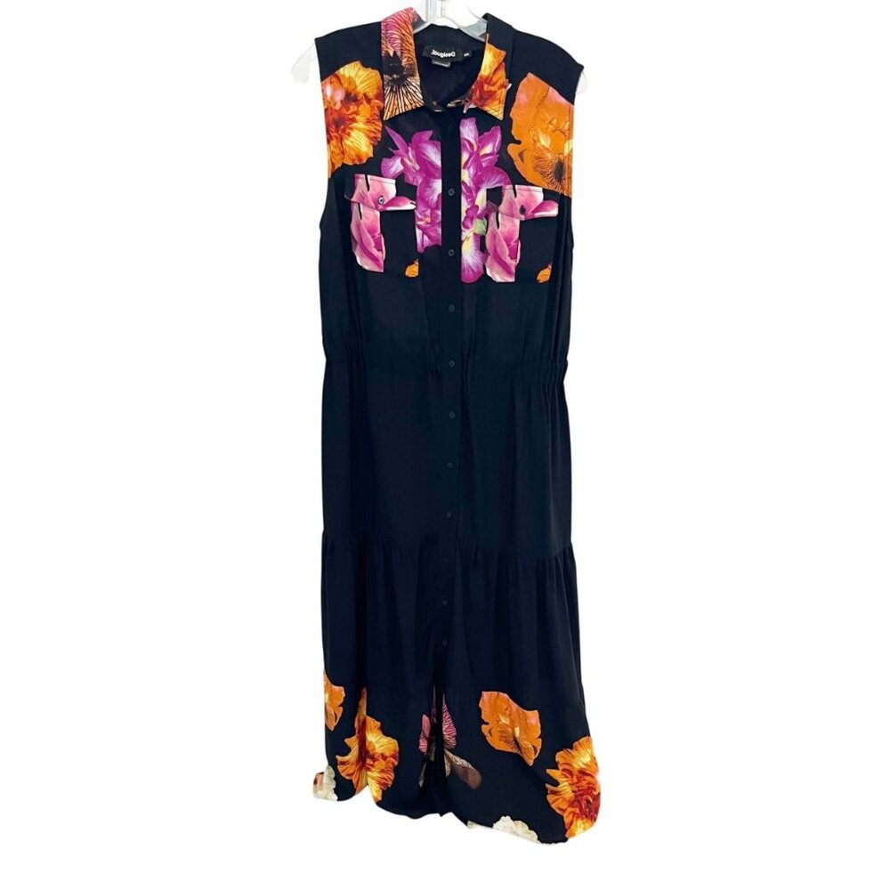 Desigual Black Floral Button Front Midi Dress Artsy Art to Wear‎ - Size XXL
